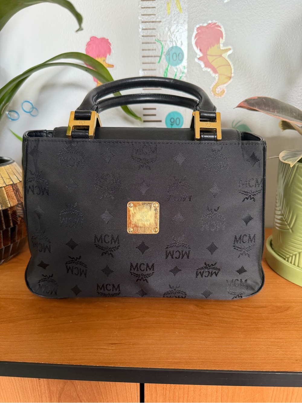MCM Black Jacquard Top-Handle Satchel with Gold Plate